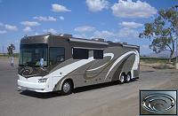 The Windseeker showing full length of this massive land yacht with the Country Coach logo inset